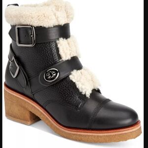COACH Preston Boots turn lock ankle Shearling Moto heel strappy edgy 5.5 black